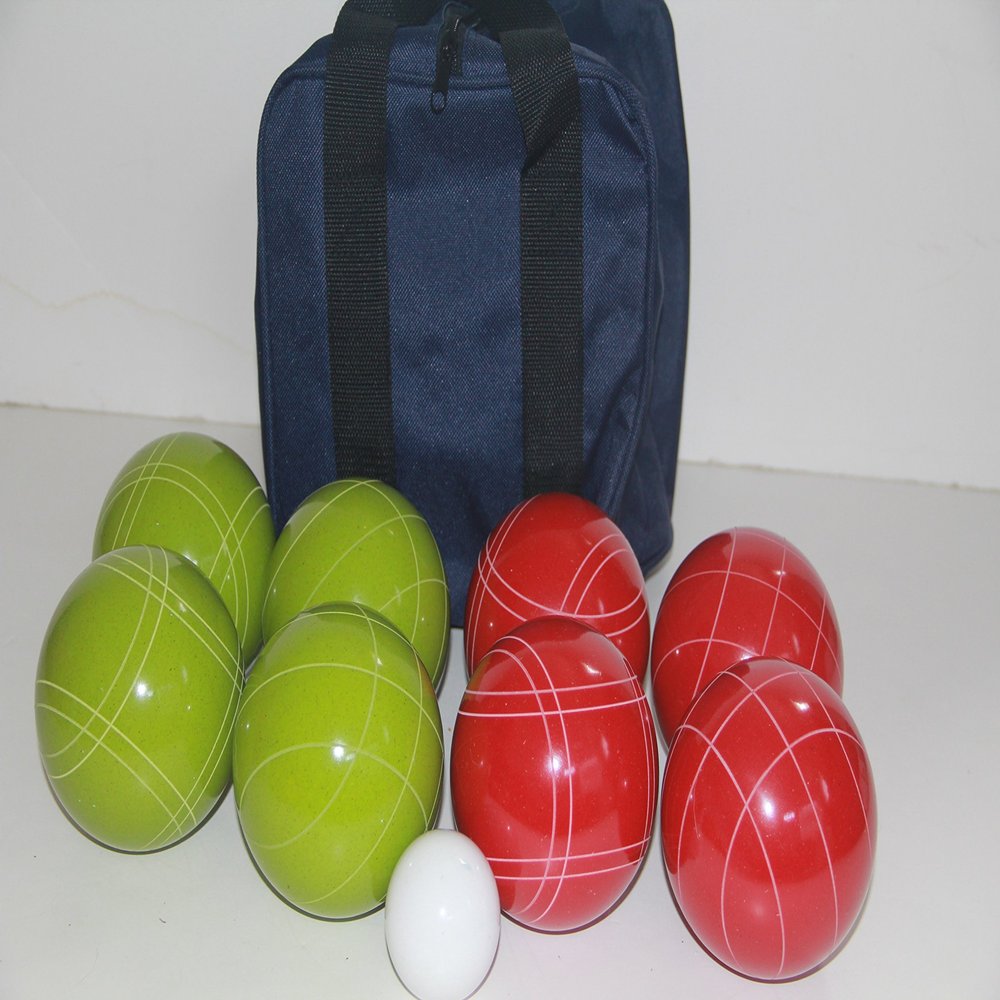BuyBocceBalls Listing - Made in USA, Premium Quality Tournament Bocce Set - 110mm Lime Green and Red Balls, Nylon Blue Bag, 998 Grams (2 lbs. 3.2 oz.). Various Bag Colors