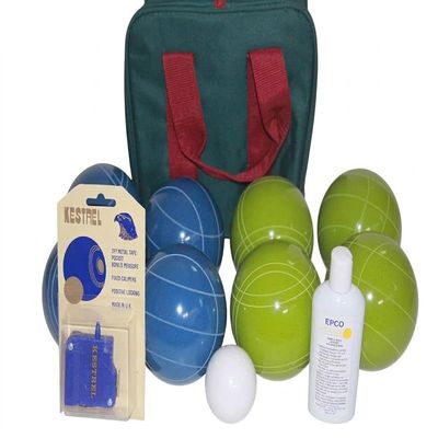 BuyBocceBalls Listing - Made in America, Premium Tournament Bocce Set - 110mm Blue and Green Balls, Nylon Maroon Bag, 998 Grams (2 lbs. 3.2 oz.). Polish. Measure Device