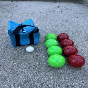 BuyBocceBalls Listing - Made in USA, Premium Quality Tournament Bocce Set - 110mm Green and Red Balls, Nylon Green/Black Bag, 998 Grams (2 lbs. 3.2 oz.). Various Bag Colors