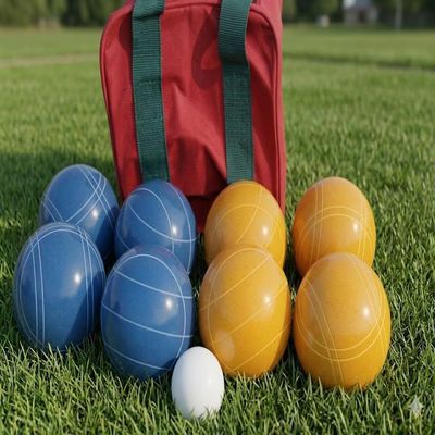 BuyBocceBalls Listing - Made in USA, Premium Quality Tournament Bocce Set - 110mm Blue and Gold Balls, Nylon Maroon Bag, 998 Grams (2 lbs. 3.2 oz.). Various Bag Colors