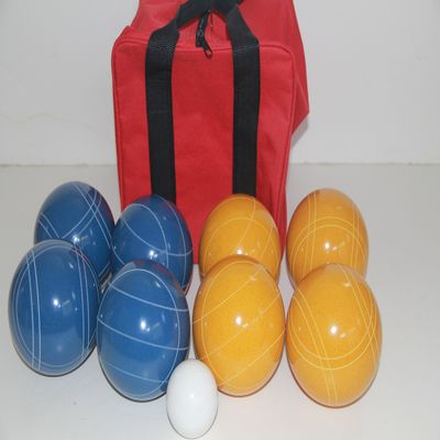 BuyBocceBalls Listing - Made in USA, Premium Quality Tournament Bocce Set - 110mm Blue and Gold Balls, Nylon red Bag, 998 Grams (2 lbs. 3.2 oz.). Various Bag Colors