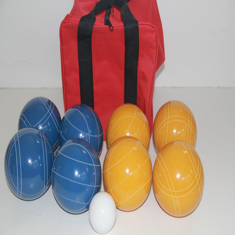 BuyBocceBalls Listing - Made in USA, Premium Quality Tournament Bocce Set - 110mm Blue and Gold Balls, Nylon red Bag, 998 Grams (2 lbs. 3.2 oz.). Various Bag Colors