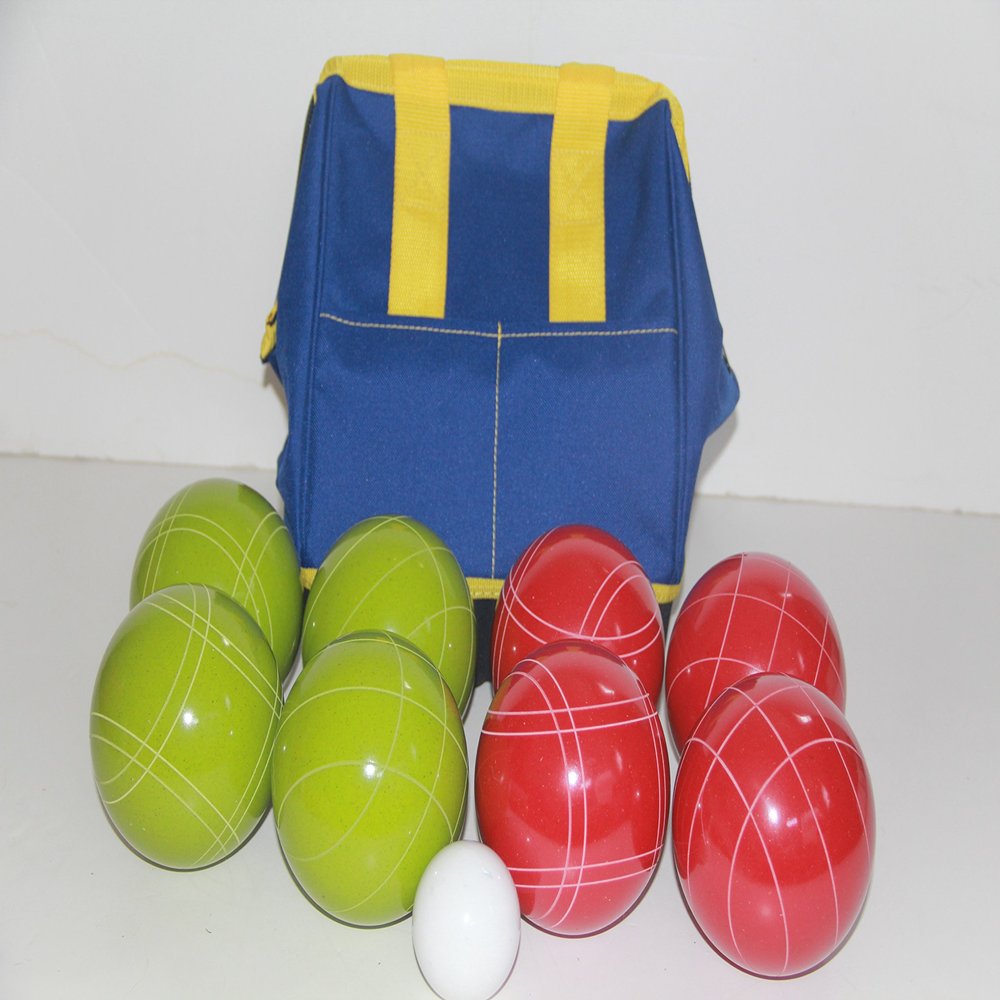 BuyBocceBalls Listing - Made in USA, Premium Quality Tournament Bocce Set - 110mm Lime Green and Red Balls, Nylon Blue/Yellow Bag, 998 Grams (2 lbs. 3.2 oz.).