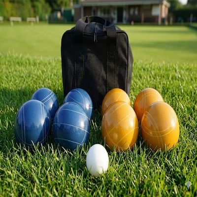 BuyBocceBalls Listing - Made in USA, Premium Quality Tournament Bocce Set - 110mm Blue and Gold Balls, Nylon Black Bag, 998 Grams (2 lbs. 3.2 oz.). Various Bag Colors