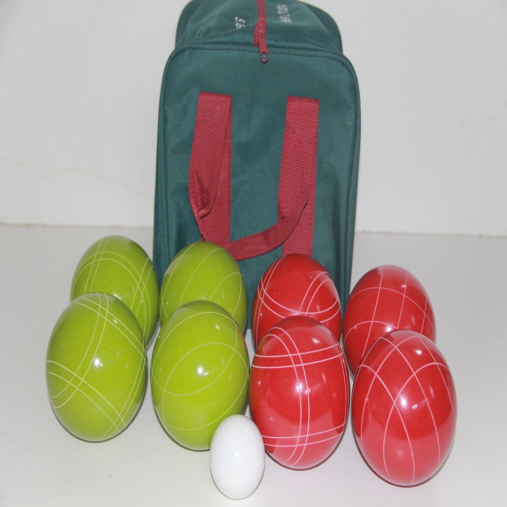 BuyBocceBalls Listing - Made in USA, Premium Quality Tournament Bocce Set - 110mm Red and Lime Green Balls, Nylon Bag, 998 Grams (2 lbs. 3.2 oz.). Various Bag Colors