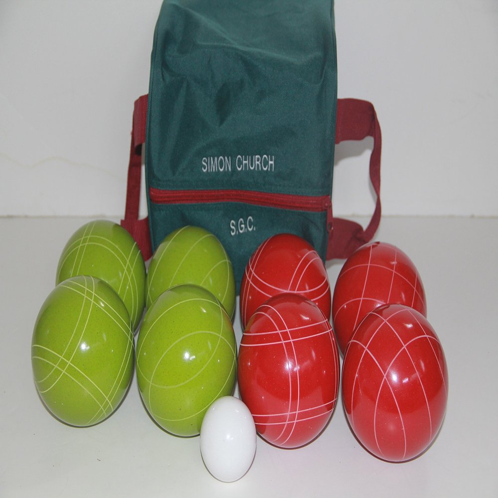 BuyBocceBalls Listing - Made in USA, Premium Quality Tournament Bocce Set - 110mm Lime Green and Red Balls, Nylon Engraved Green Bag, 998 Grams (2 lbs. 3.2 oz.)