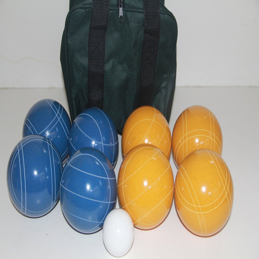 BuyBocceBalls Listing - Made in USA, Premium Quality Tournament Bocce Set - 110mm Blue and Gold Balls, Nylon Green/Black Bag, 998 Grams (2 lbs. 3.2 oz.). Various Bag Colors