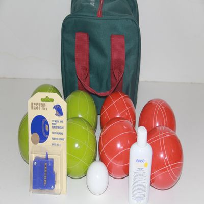 BuyBocceBalls Listing - Made in USA, Premium Quality Tournament Bocce Set - 110mm Lime Green and Red Balls, Nylon Maroon Bag, 998 Grams (2 lbs. 3.2 oz.). Polish. Measure Device