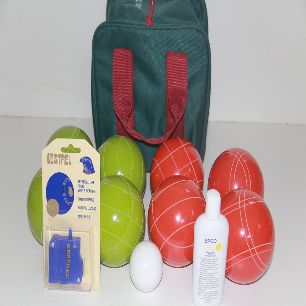 BuyBocceBalls Listing - Made in USA, Premium Quality Tournament Bocce Set - 110mm Lime Green and Red Balls, Nylon Maroon Bag, 998 Grams (2 lbs. 3.2 oz.). Polish. Measure Device