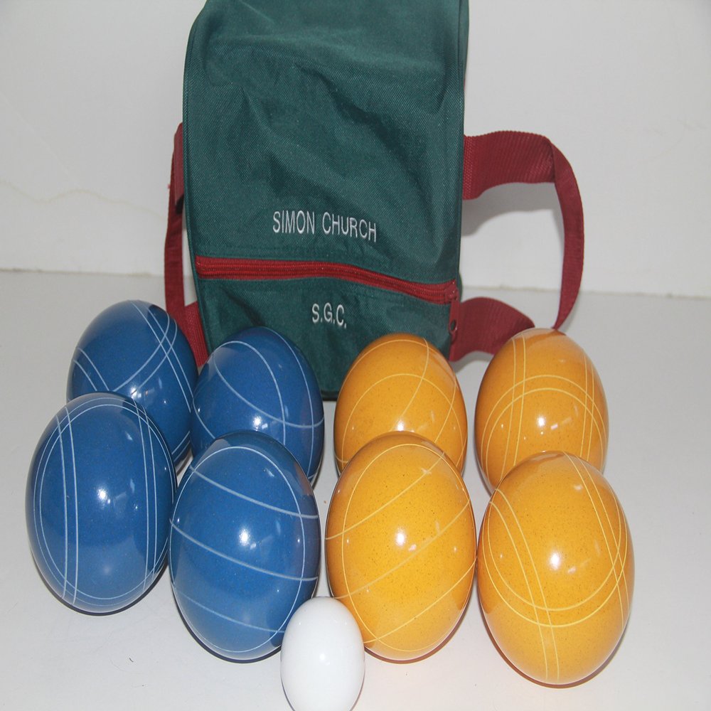 BuyBocceBalls Listing - Made in USA, Premium Quality Tournament Bocce Set - 110mm Blue and Gold Balls, Nylon Engraved Green Bag, 998 Grams (2 lbs. 3.2 oz.)