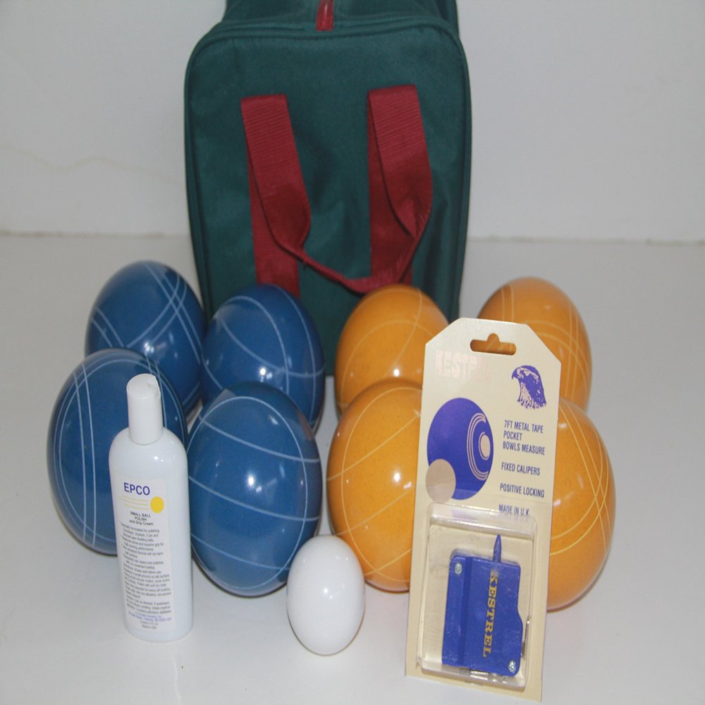BuyBocceBalls Listing - Made in USA, Premium Quality Tournament Bocce Set - 110mm Blue and Gold Balls, Nylon Maroon Bag, 998 Grams (2 lbs. 3.2 oz.). Polish. Measure Device