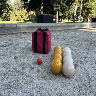 BuyBocceBalls Listing - Made in USA, Premium Quality Tournament Bocce Set - 110mm Gold and White Balls, Nylon Maroon Bag, 998 Grams (2 lbs. 3.2 oz.). Various Bag Colors