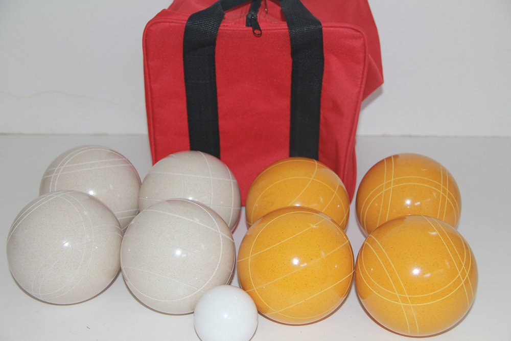 BuyBocceBalls Listing - Made in USA, Premium Quality Tournament Bocce Set - 110mm Gold and White Balls, Nylon red Bag, 998 Grams (2 lbs. 3.2 oz.). Various Bag Colors