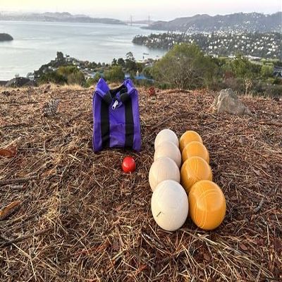 BuyBocceBalls Listing - Made in USA, Premium Quality Tournament Bocce Set - 110mm Gold and White Balls, Nylon Black Bag, 998 Grams (2 lbs. 3.2 oz.). Various Bag Colors