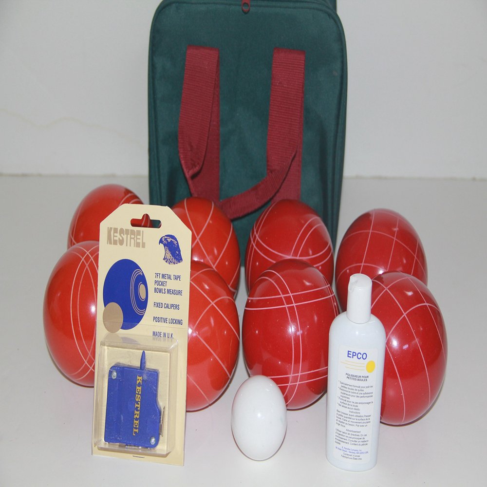 BuyBocceBalls Listing - Premium Quality andMade in USA, 110mm EPCO Bocce Set - Rustic Orange/Red Balls, Ball Polish, Kestrel Measuring Device and Green/Maroon Bag