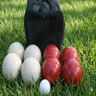 BuyBocceBalls Listing - Made in USA, Premium Quality Tournament Bocce Set - 110mm White and Red Balls, Nylon Black Bag, 998 Grams (2 lbs. 3.2 oz.). Various Bag Colors