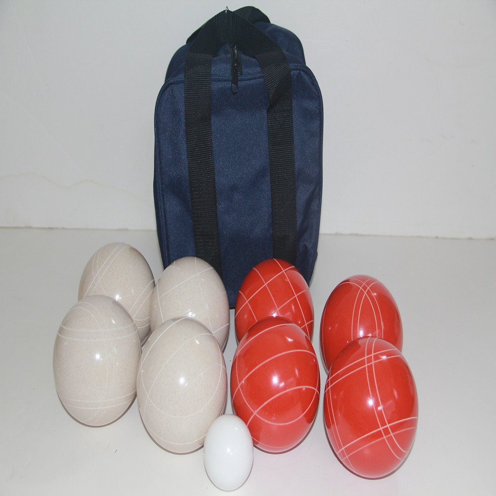 BuyBocceBalls Listing - Made in USA, Premium Quality Tournament Bocce Set - 110mm White and red Balls, Nylon Blue Bag, 998 Grams (2 lbs. 3.2 oz.). Various Bag Colors