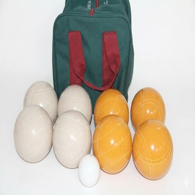 BuyBocceBalls Listing - Made in USA, Premium Quality Tournament Bocce Set - 110mm White and Gold Balls, Nylon Bag, 998 Grams (2 lbs. 3.2 oz.). Various Bag Colors