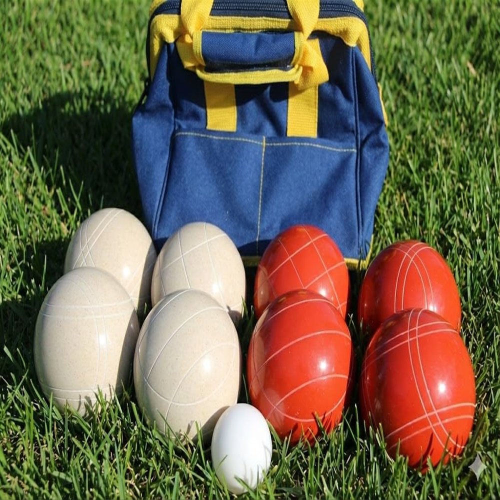 BuyBocceBalls Listing - Made in USA, Premium Quality Tournament Bocce Set - 110mm White and Red Balls, Nylon Blue/Yellow Bag, 998 Grams (2 lbs. 3.2 oz.).