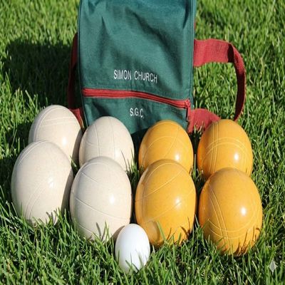 BuyBocceBalls Listing - Made in USA, Premium Quality Tournament Bocce Set - 110mm Gold and White Balls, Nylon Engraved Green Bag, 998 Grams (2 lbs. 3.2 oz.)