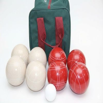 BuyBocceBalls Listing - Made in USA, Premium Quality Tournament Bocce Set - 110mm Rustic White/Red Balls and Green/Maroon Bag, 998 Grams (2 lbs. 3 oz.)