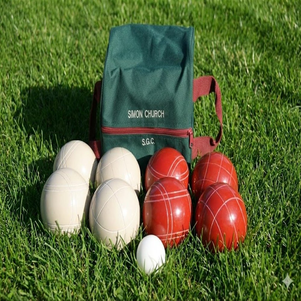 BuyBocceBalls Listing - Made in USA, Premium Quality Tournament Bocce Set - 110mm White and Red Balls, Nylon Engraved Green Bag, 998 Grams (2 lbs. 3.2 oz.)