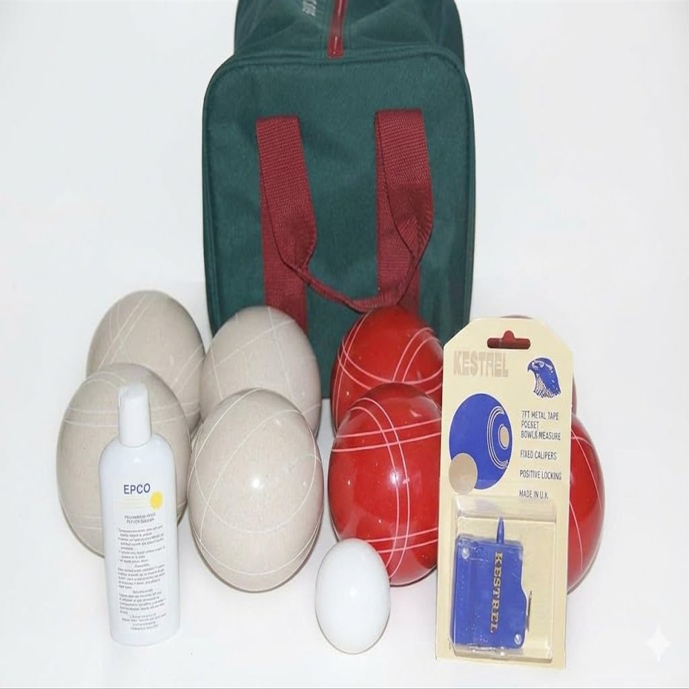 BuyBocceBalls Listing - Made in USA, Premium Quality Tournament Bocce Set - 110mm White and Red Balls, Nylon Maroon Bag, 998 Grams (2 lbs. 3.2 oz.). Polish. Measure Device
