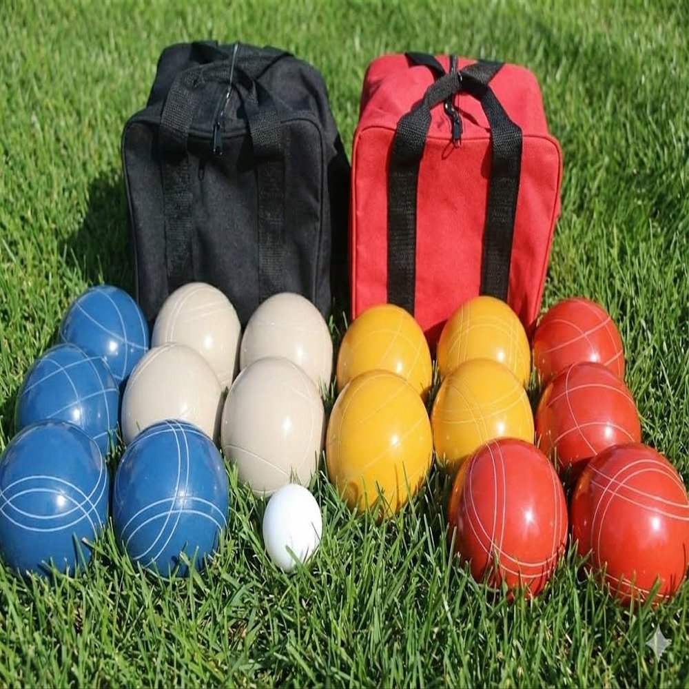 BuyBocceBalls Unique Double Set - Premium Quality and Made in USA, Tournament 110mm EPCO Bocce Sets, 998 Grams (2 lbs. 3.2 oz.) - Rustic Blue/White/Yellow/Orange Balls with red/Black Bags
