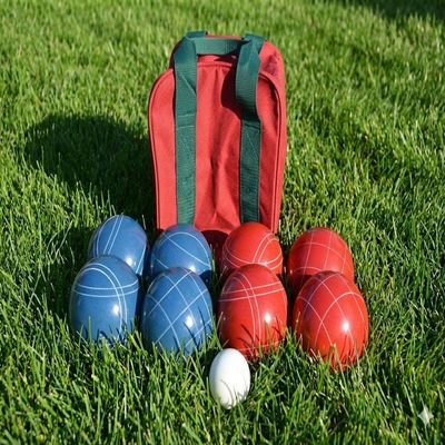 BuyBocceBalls Listing - Made in USA, Premium Quality Tournament Bocce Set - 110mm Blue and Dark Red Balls, Nylon Bag, 998 Grams (2 lbs. 3.2 oz.). Various Bag Colors