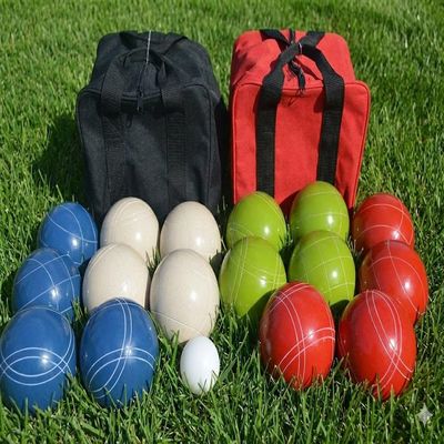 BuyBocceBalls Unique Double Set - Premium Quality and Made in USA, Tournament 110mm EPCO Bocce Sets, 998 Grams (2 lbs. 3.2 oz.) - Rustic Blue/White/Green/Red Balls with red/Black Bags