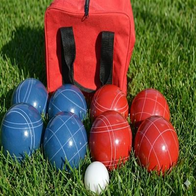 BuyBocceBalls Listing - Made in USA, Premium Quality Tournament Bocce Set - 110mm Blue and Red Balls, Nylon red Bag, 998 Grams (2 lbs. 3.2 oz.). Various Bag Colors