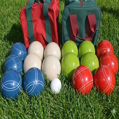 BuyBocceBalls Unique Double Set - Premium Quality and Made in USA, Tournament 110mm EPCO Bocce Sets, 998 Grams (2 lbs. 3.2 oz.) - Rustic Blue/White/Green/Red Balls with Maroon/Green Bags