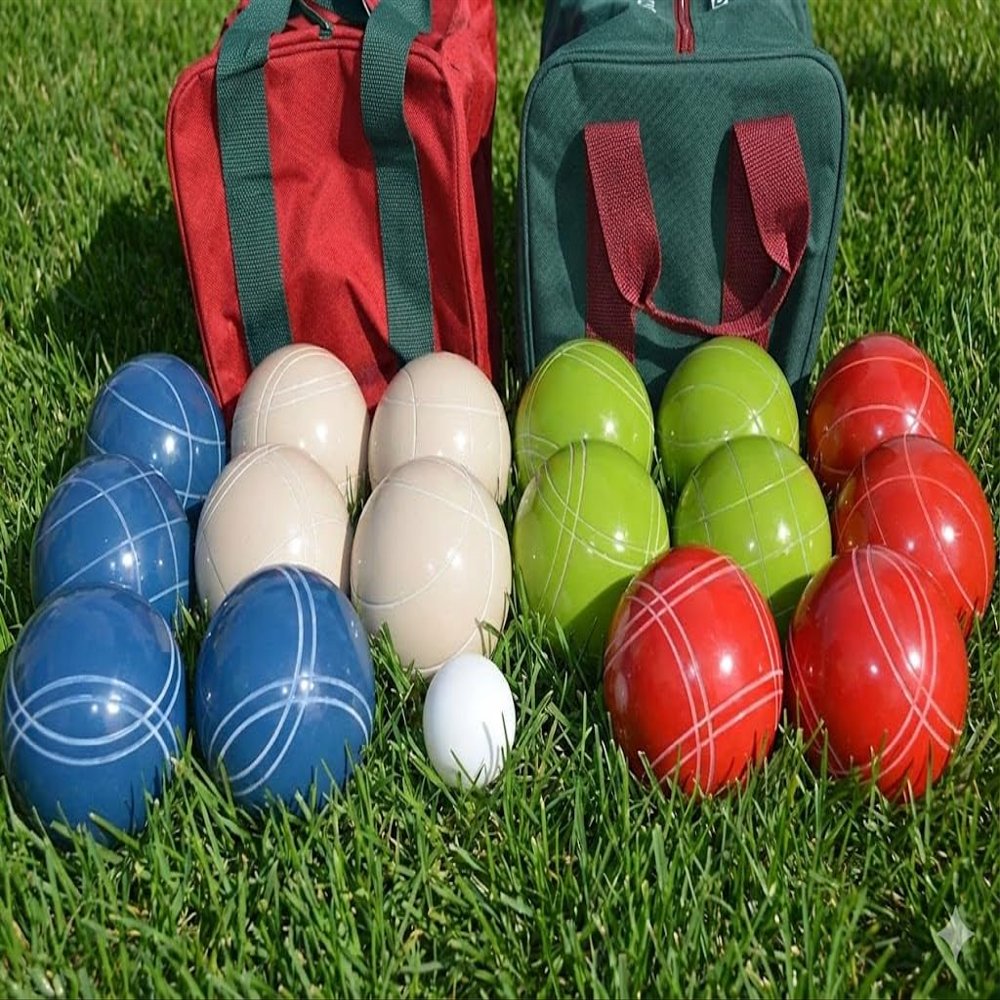 BuyBocceBalls Unique Double Set - Premium Quality and Made in USA, Tournament 110mm EPCO Bocce Sets, 998 Grams (2 lbs. 3.2 oz.) - Rustic Blue/White/Green/Red Balls with Maroon/Green Bags