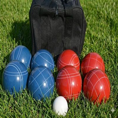 BuyBocceBalls Listing - Made in USA, Premium Quality Tournament Bocce Set - 110mm Blue and Red Balls, Nylon Black Bag, 998 Grams (2 lbs. 3.2 oz.). Various Bag Colors