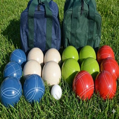 BuyBocceBalls Unique Double Set - Premium Quality and Made in USA, Tournament 110mm EPCO Bocce Sets, 998 Grams (2 lbs. 3.2 oz.) - Rustic Blue/White/Green/Red Balls with Blue/Green Bags