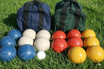 BuyBocceBalls Unique Double Set - Premium Quality and Made in USA, 110mm EPCO Bocce Sets - Rustic Blue/White/Yellow/Orange Balls with Blue/Green Bags