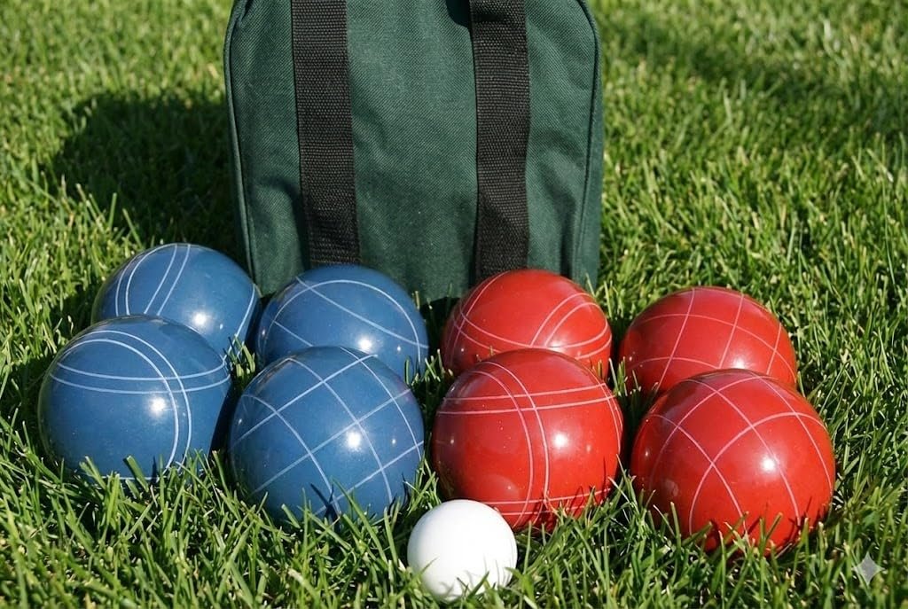 BuyBocceBalls Listing - Made in USA, Premium Quality Tournament Bocce Set - 110mm Blue and Red Balls, Nylon Green/Black Bag, 998 Grams (2 lbs. 3.2 oz.). Various Bag Colors