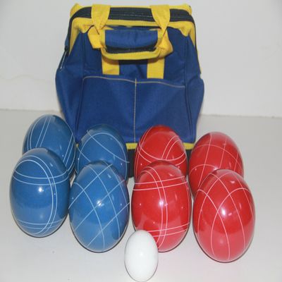 BuyBocceBalls Listing - Made in USA, Premium Quality Tournament Bocce Set - 110mm Blue and Red Balls, Nylon Blue/Yellow Bag, 998 Grams (2 lbs. 3.2 oz.).