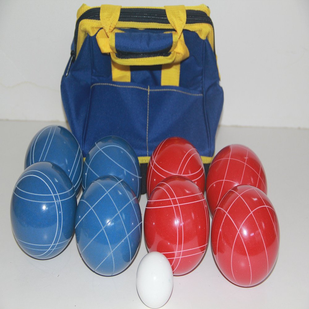 BuyBocceBalls Listing - Made in USA, Premium Quality Tournament Bocce Set - 110mm Blue and Red Balls, Nylon Blue/Yellow Bag, 998 Grams (2 lbs. 3.2 oz.).