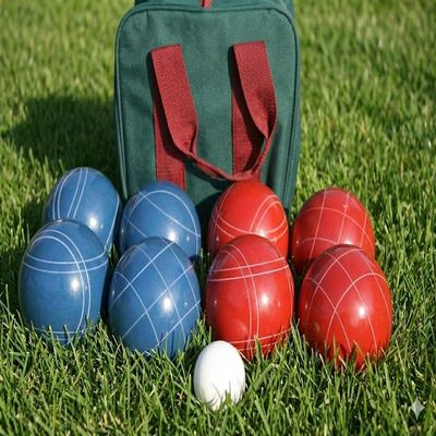 BuyBocceBalls Listing - Made in USA, Premium Quality Tournament Bocce Set - 110mm Blue and Red Balls, Nylon Maroon Bag, 998 Grams (2 lbs. 3.2 oz.). Various Bag Colors