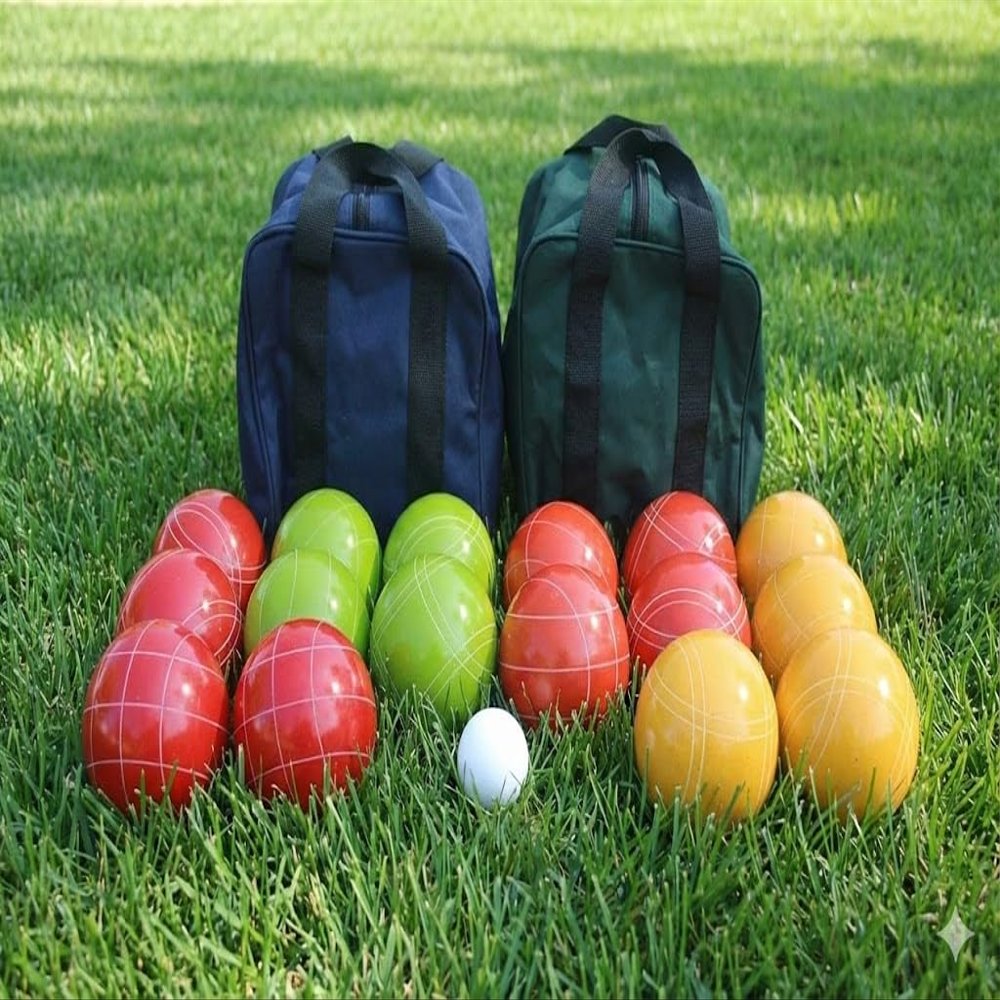 BuyBocceBalls Unique Double Set - Premium Quality and Made in USA, Tournament 110mm EPCO Bocce Sets, 998 Grams (2 lbs. 3.2 oz.) - Rustic Red/Green/Yellow/Orange Balls with Blue/Green Bags