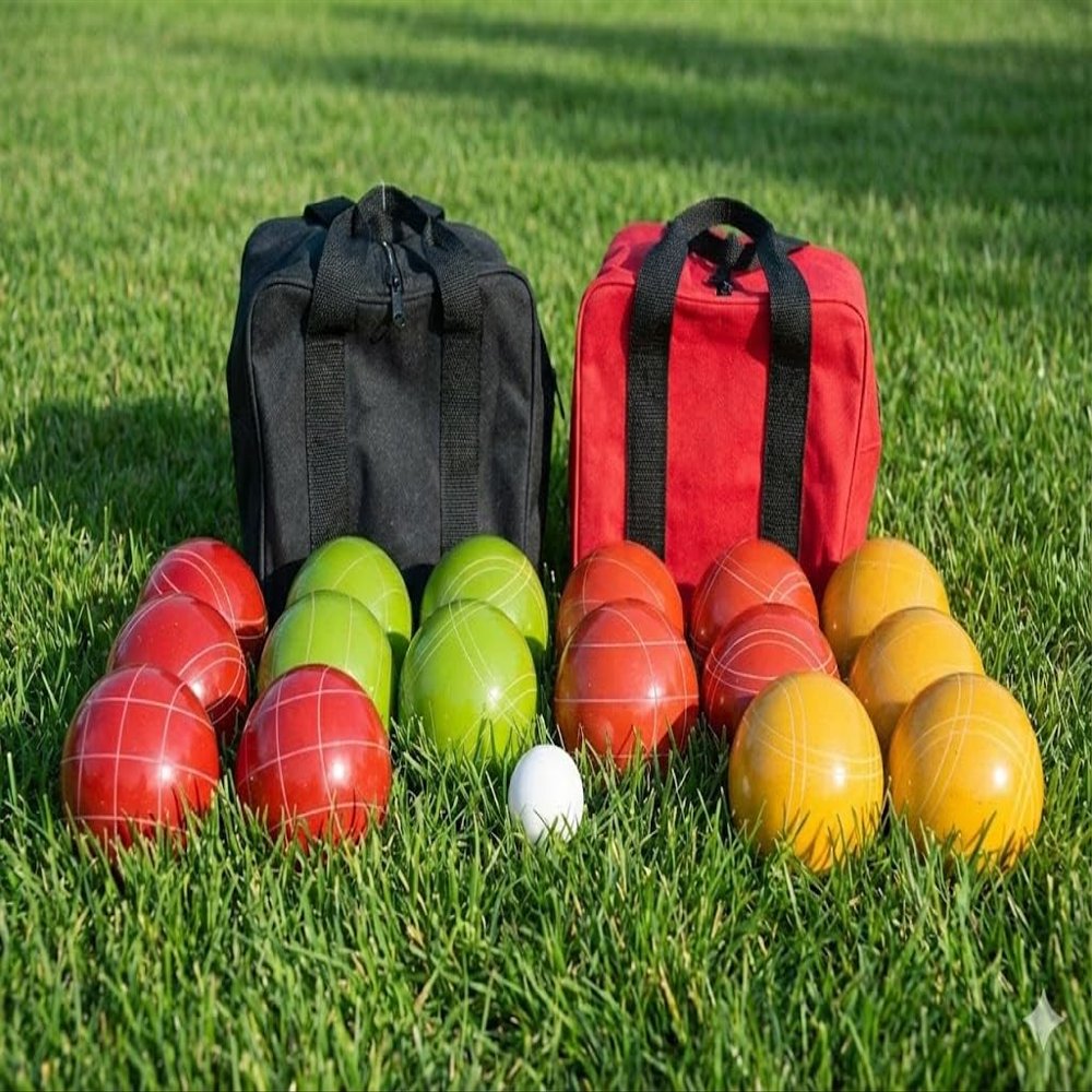 BuyBocceBalls Unique Double Set - Premium Quality and Made in USA, 110mm EPCO Bocce Sets - Rustic Red/Green/Yellow/Orange Balls with Black/red Bags