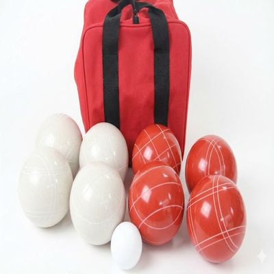 BuyBocceBalls Listing - Made in USA, Premium Quality Tournament Bocce Set - 110mm White and Red Balls, Nylon Bag, 998 Grams (2 lbs. 3.2 oz.). Various Bag Colors