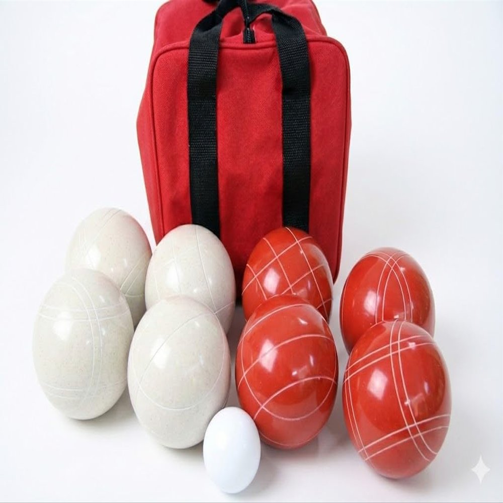 BuyBocceBalls Listing - Made in USA, Premium Quality Tournament Bocce Set - 110mm White and Dark Orange Balls, Nylon red Bag, 998 Grams (2 lbs. 3.2 oz.). Various Bag Colors
