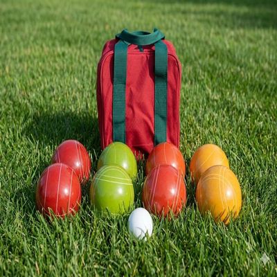 BuyBocceBalls Listing - Made in USA, Premium Quality Tournament Bocce Set - 110mm, 998 Grams (2 lbs. 3.2 oz.) - Rustic Yellow/Orange/Red/Greenballs and red/Black Bag