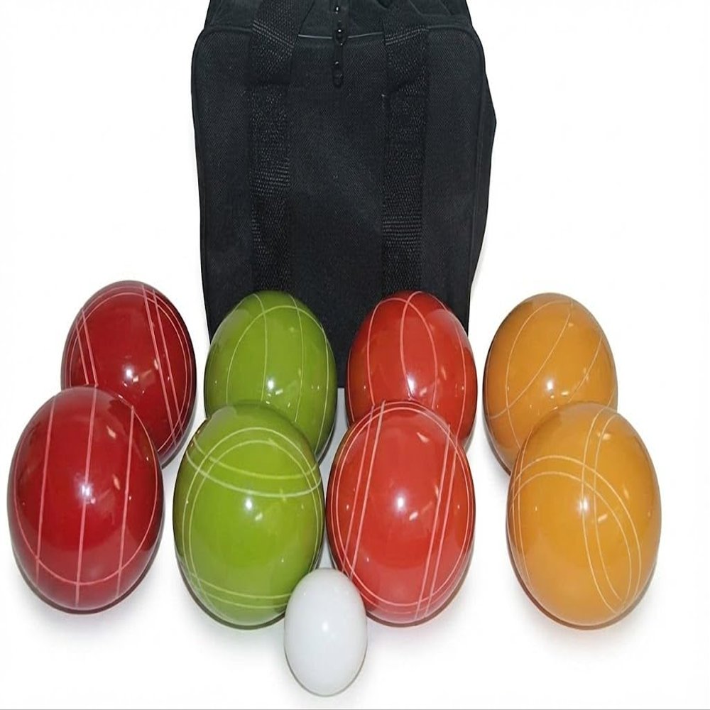 BuyBocceBalls Listing - Made in USA, Premium Quality Tournament Bocce Set - 110mm EPCO Bocce Set, 998 Grams (2 lbs. 3.2 oz.) - Rustic Yellow/Orange/Red/Greenballs and Black Bag