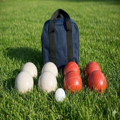 BuyBocceBalls Listing - Made in USA, Premium Quality Tournament Bocce Set - 110mm White and Dark Orange Balls, Nylon Blue Bag, 998 Grams (2 lbs. 3.2 oz.). Various Bag Colors
