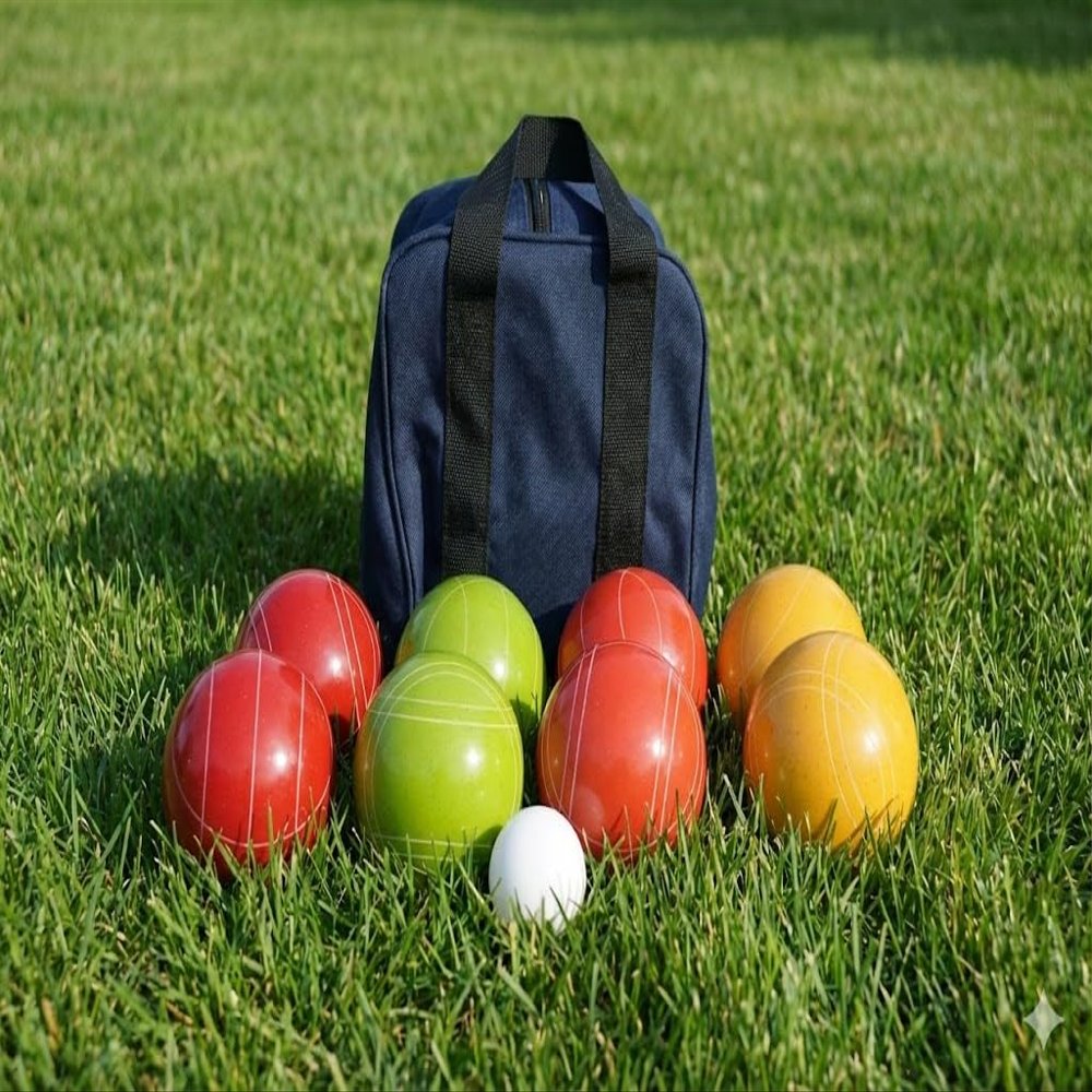 BuyBocceBalls Listing - Made in USA, Premium Quality Tournament Bocce Set - 110mm, 998 Grams (2 lbs. 3.2 oz.) - Rustic Yellow/Orange/Red/Greenballs and Blue/Black Bag