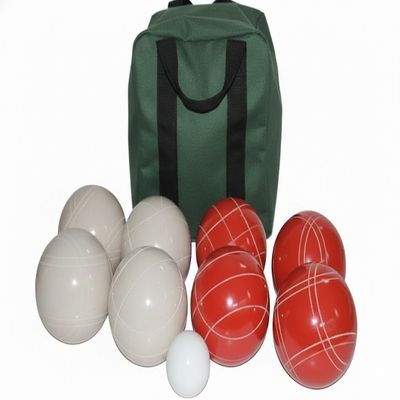 BuyBocceBalls Listing - Made in USA, Premium Quality Tournament Bocce Set - 110mm White and Dark Orange Balls, Nylon Green/Black Bag, 998 Grams (2 lbs. 3.2 oz.). Various Bag Colors