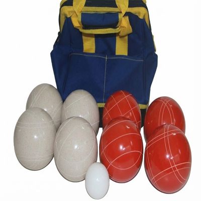 BuyBocceBalls Listing - Made in USA, Premium Quality Tournament Bocce Set - 110mm White and Dark Orange Balls, Nylon Blue/Yellow Bag, 998 Grams (2 lbs. 3.2 oz.).